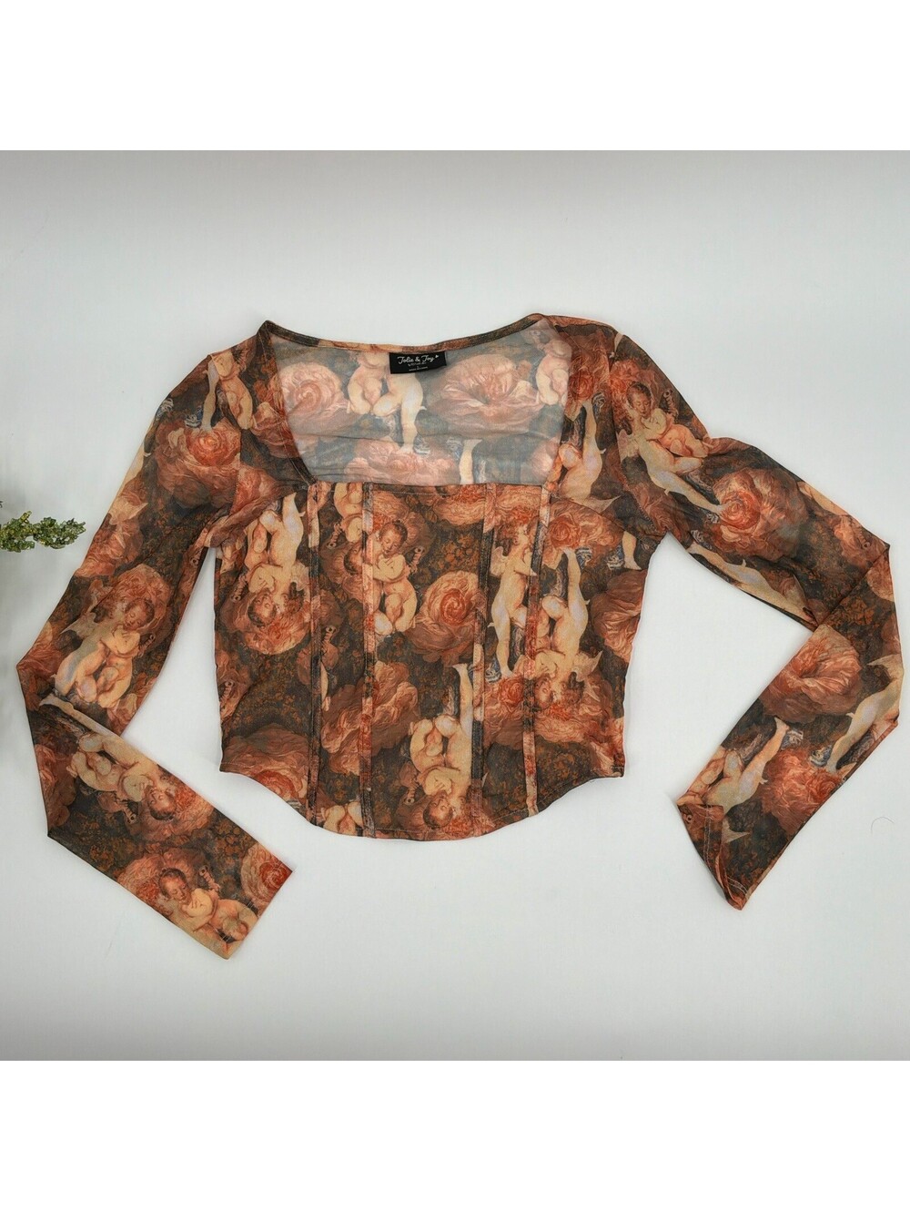 Jolie & Joy Long Sleeve Mesh Art Print Corset Style Crop Top Size L